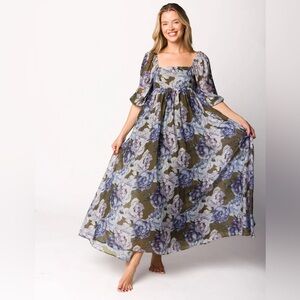 Floral Square-Neck Long Sleeve Maxi Dress - Olive & Lavender